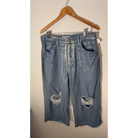 Fashionova Wide Leg Jeans Women Size 13 Silver Metallic Distressed Cropped - Picture 8 of 13